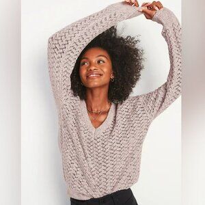 Old Navy Women's Textured Knit V-Neck Sweater XL Petite Cream Speckled Pullover